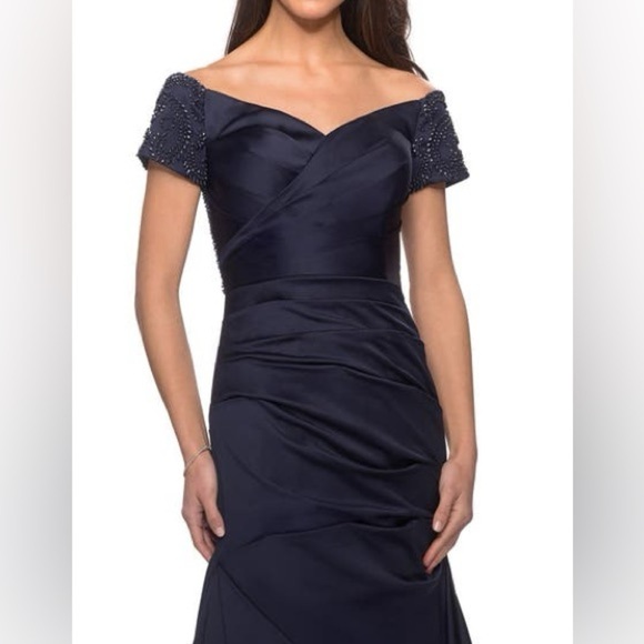 New La Femme Navy Beaded Off the Shoulder Sweetheart Ruched Satin Mermaid Gown - Picture 2 of 13